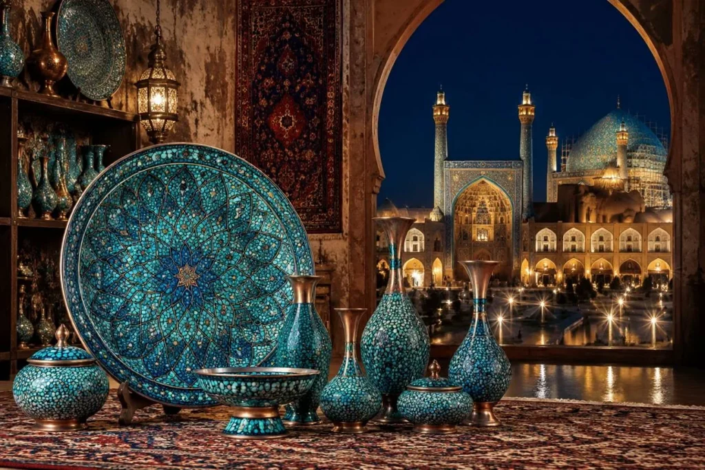 هنرفیروزهکوبی از بهترین صنایع دستی اصفهان باترکیب مس و سنگهای فیروزه.