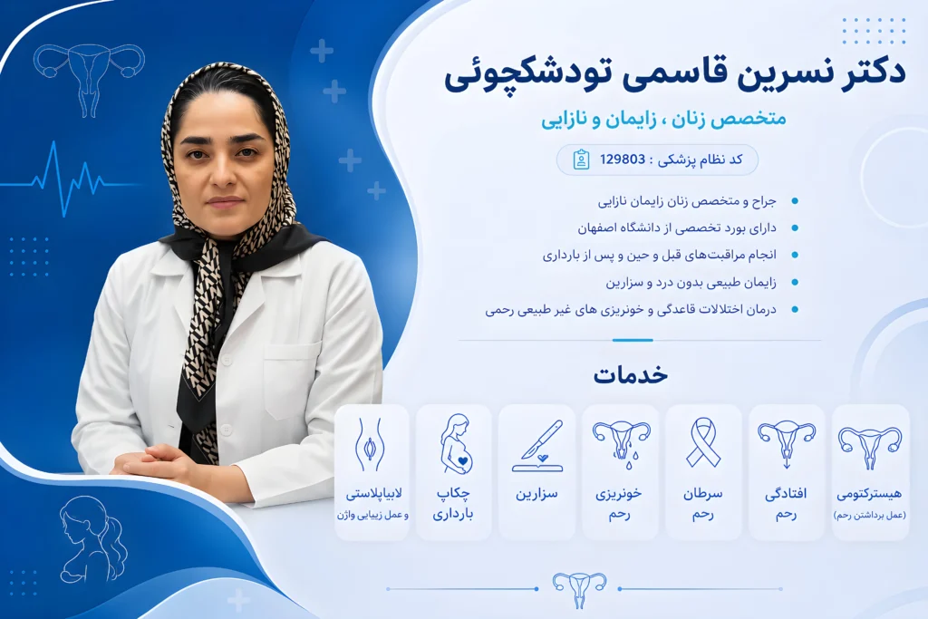 تصویر پروفایل دکتر نسرین قاسمی تودشکچوئی متخصص زنان، زایمان و نازایی با معرفی سوابق تخصصی، خدمات بارداری، زایمان و جراحی‌های زنان