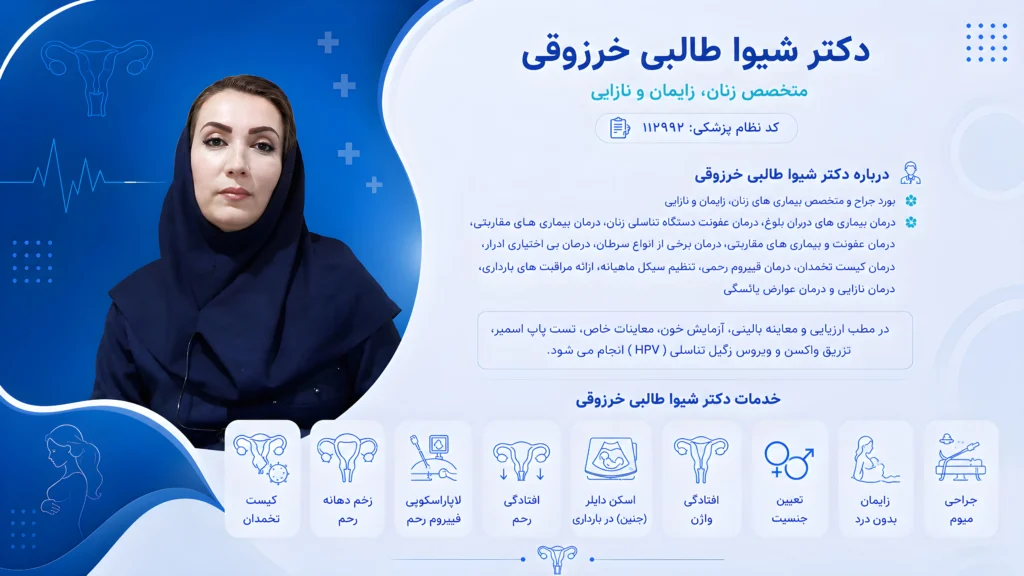 پروفایل پزشکی دکتر شیوا طالبی خرزوقی با معرفی خدمات درمان کیست تخمدان فیبروم رحم و افتادگی رحم